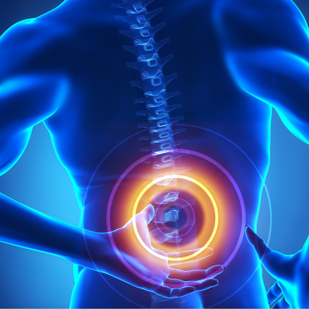 illustration of male torso reaching for lower back with highlighted pain point in lower spine